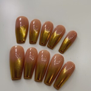 Chrome ombré press on nails | Neutral and gold press ons, medium coffin square| tan press on nails | fall winter nails| gold chrome nails image 4