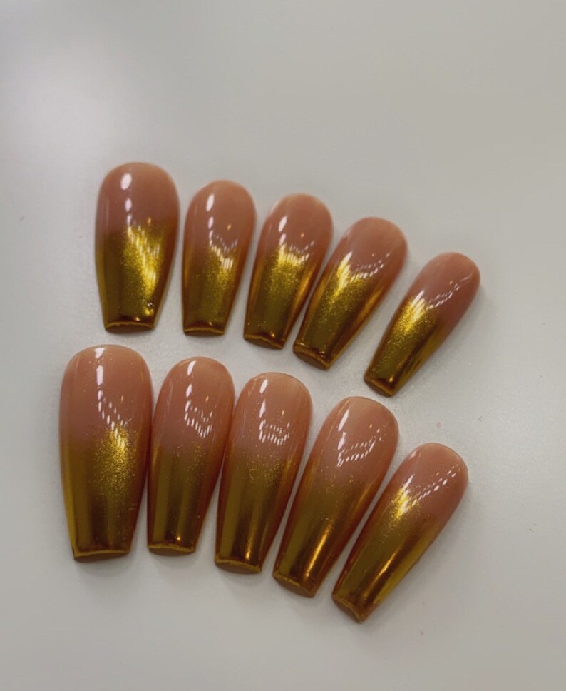 Chrome ombré press on nails | Neutral and gold press ons, medium coffin square| tan press on nails | fall winter nails| gold chrome nails image 4