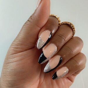Black and Silver Press on Nails Almond Press on Nails - Etsy