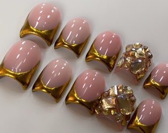 Gold Chrome  frenchies with bling  | silver chrome presson nails| chrome French tips nails