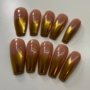Chrome ombré press on nails | Neutral and gold press ons, medium coffin square| tan press on nails | fall winter nails| gold chrome nails image 5