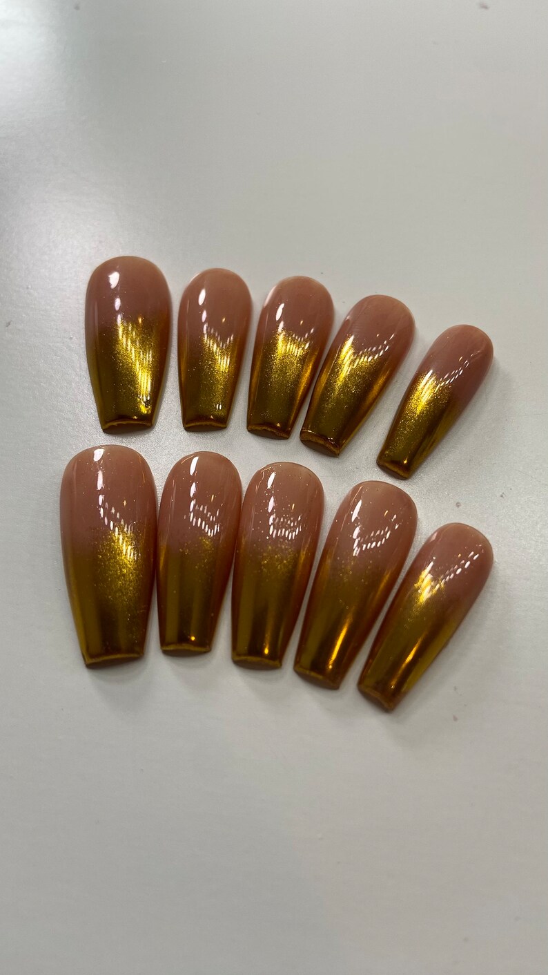 Chrome ombré press on nails | Neutral and gold press ons, medium coffin square| tan press on nails | fall winter nails| gold chrome nails image 5
