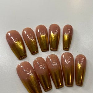 Chrome ombré press on nails | Neutral and gold press ons, medium coffin square| tan press on nails | fall winter nails| gold chrome nails image 2