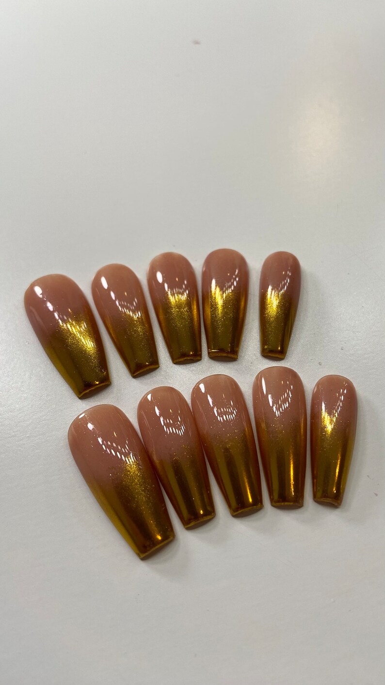 Chrome ombré press on nails | Neutral and gold press ons, medium coffin square| tan press on nails | fall winter nails| gold chrome nails image 2