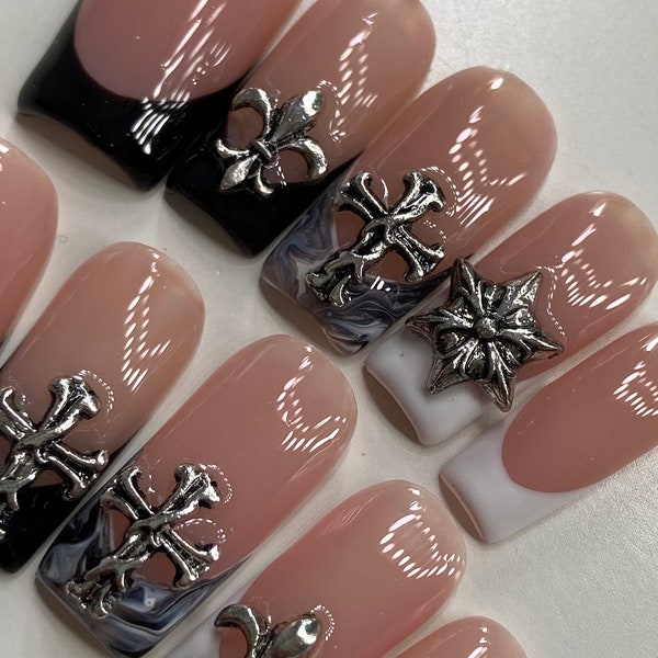 French Tip cross  press on nails | gold and silver cross press ons | trendy nails summer press on nails | CH Nails| Chrome hearts nails