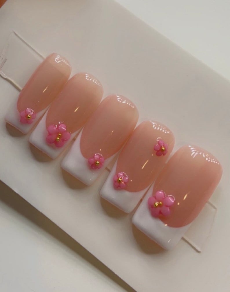 White French Press on Nails 3d Flower Nails Frenchies Etsy