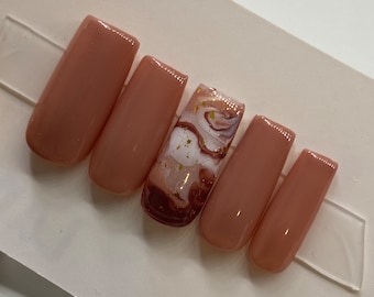 Neutral Brown + Marble Press on nails | Winter press ons | square press on nails
