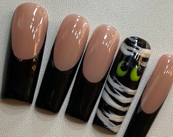 Halloween Franse tip Druk op ons| Mummie zwarte nagels | griezelige zonpers op nagels | zwarte Fransen
