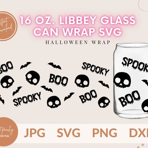 Op de afbeelding: Een digitale download van een Halloween-thema ontwerp voor een 473 ml blikverpakking met schedels, vleermuizen en de woorden "Boo" en "Spooky".