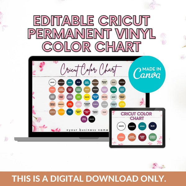 Editable Cricut Vinyl Color Chart, Floral Permanent Vinyl Color Chart Editable Template, Vinyl Colors Mockup, Canva Template, Vinyl Swatch