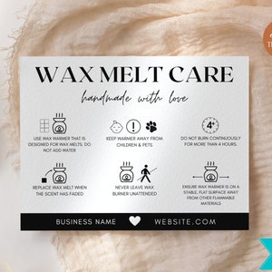 Editable Wax Melt Care Card Template, Wax Candle Care Instructions, Wax Safety Guide Template, Wax Melt Packaging for Candle Business