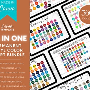 May include: A digital colour chart bundle for permanent vinyl, featuring 560+ colours from brands like Siser, Expressions, Oracal, Cricut, and Starcraft. The chart is organised by brand and includes a variety of colours, including red, blue, green, yellow, and purple.