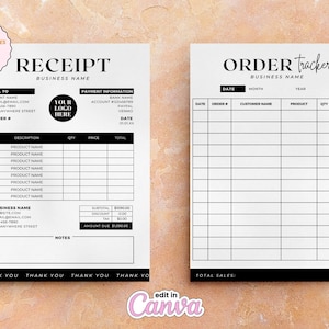PAQUETE de plantilla de recibo, rastreador de pedidos, plantilla de formulario de pedido editable, plantilla de factura, recibo imprimible, formulario de pedido personalizado para pequeñas empresas