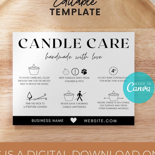 Editable Candle Care Card, Printable Candle Care Template,  Minimalist Candle Care Guide, Candle Safety Card Canva Template, Candle Guide