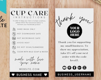 Editable Cup Care Card Template, Printable Tumbler Care Card Template, Tumbler Packaging Insert, Tumbler Care Instructions Canva Template