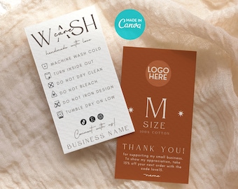 May include: A white card with black text that says "Wash Care" and lists instructions for washing clothes. The card also includes social media icons and the text "Connect with us!" and "Business Name". A brown card with white text that says "Logo Here", "M Size", and "100% Cotton". The card also includes the text "Thank You!" and a message about supporting a small business.