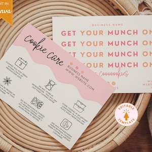 Bearbeitbare Cookie-Pflege-Kartenvorlage, Bäckerei-Visitenkarte, Cookie-Anweisungen, druckbare Keks-Pflegekarte, rosa Bäckerei-Vorlage