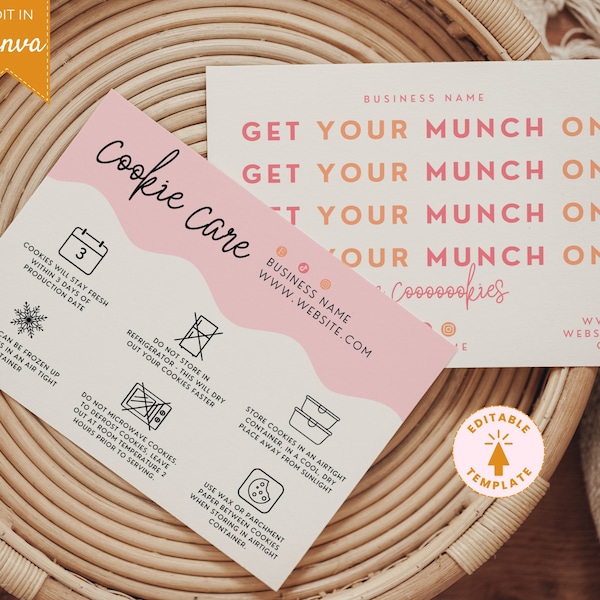 Editable Cookie Care Card Template, Bakery Business Card, Cookie Instructions, Printable Biscuit Care card, Pink Bakery Template