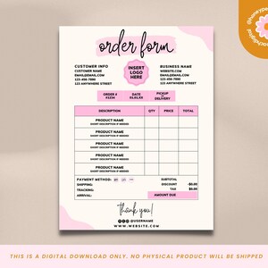 Plantilla de formulario de pedido, plantilla de factura imprimible, formulario de pedido personalizado, plantilla de formulario de pedido de camiseta, formulario de pedido artesanal, plantilla de recibo
