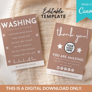 Editable Washing Instructions Card Template, Printable Clothing Care Template, Shirt Care Card, Boho Clothing Care Card, Tshirt Care Card