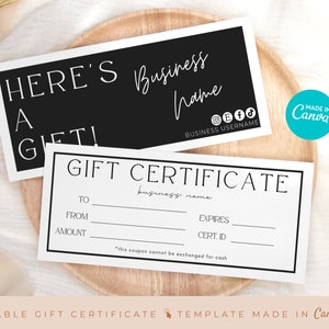 Plantilla de certificado de regalo editable, plantilla de tarjeta de regalo personalizable, plantilla Canva de certificado de regalo minimalista, vale de regalo imprimible