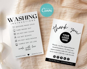 Editable Washing Instructions Card Template, HTV Care Card Template, Shirt Care Card, Clothing Care Instructions, Tshirt Care Tag Template
