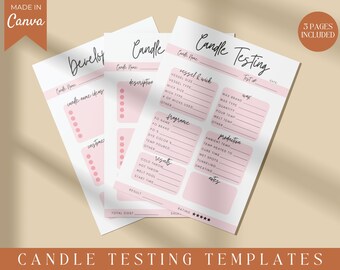Puede incluir: Tres plantillas de prueba de velas imprimibles con acentos rosados. Las plantillas incluyen secciones para ideas de nombres de velas, detalles del recipiente y la mecha, información sobre la fragancia, notas de producción, resultados y un sistema de calificación.