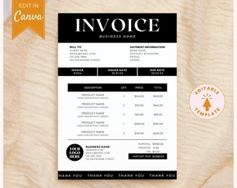 May include: Black and white invoice template with a pink editable template icon. The invoice includes sections for bill to, payment information, invoice number, issued date, due date, description, quantity, price, and total. The invoice also includes a subtotal, discount, tax, and amount due.