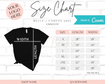 May include: Size chart for Bella + Canvas 3001 unisex t-shirts. The chart shows the size, length, and width in inches for sizes S, M, L, XL, 2XL, and 3XL.