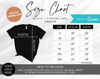 May include: Size chart for Bella + Canvas 3001 unisex t-shirts. The chart shows sizes S through 3XL with corresponding length and width measurements in inches.