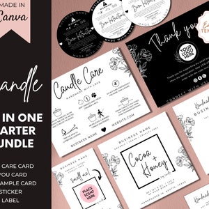 May include: A black and white candle care card with instructions for burning candles safely. The card includes a logo with the text "Handmade with Love" and the business name. The card also includes a website address and social media icons.