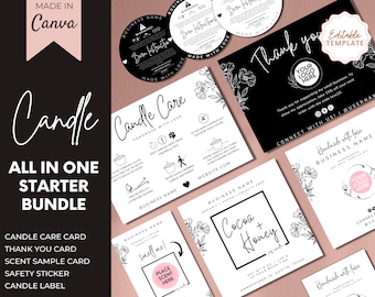 May include: A black and white candle care card with instructions for burning candles safely. The card includes a logo with the text "Handmade with Love" and the business name. The card also includes a website address and social media icons.