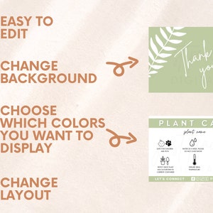 May include: A customizable plant care card with a green background and a white fern leaf design. The card includes a thank you message, plant care instructions, and a section for social media links. The text on the card is editable, allowing you to personalize it with your own plant name, care instructions, and social media handles.