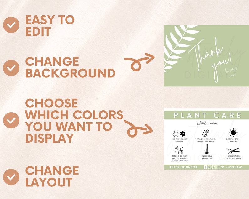 May include: A customizable plant care card with a green background and a white fern leaf design. The card includes a thank you message, plant care instructions, and a section for social media links. The text on the card is editable, allowing you to personalize it with your own plant name, care instructions, and social media handles.