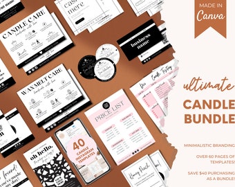 May include: A collection of printable templates for candle businesses, including candle care instructions, price lists, social media graphics, and business cards. The templates are designed in a minimalist style with black and white text on a white background. The text "ultimate candle bundle" is displayed in a large font on a brown background.