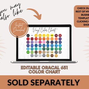K&ouml;nnte beinhalten: Editierbare Oracal 651 Vinyl-Farbkarte, die auf einem Laptop-Bildschirm angezeigt wird. Die Karte zeigt eine Vielzahl von Farben in kleinen Kreisen. Der Text "Separat verkauft" wird unter der Karte angezeigt.