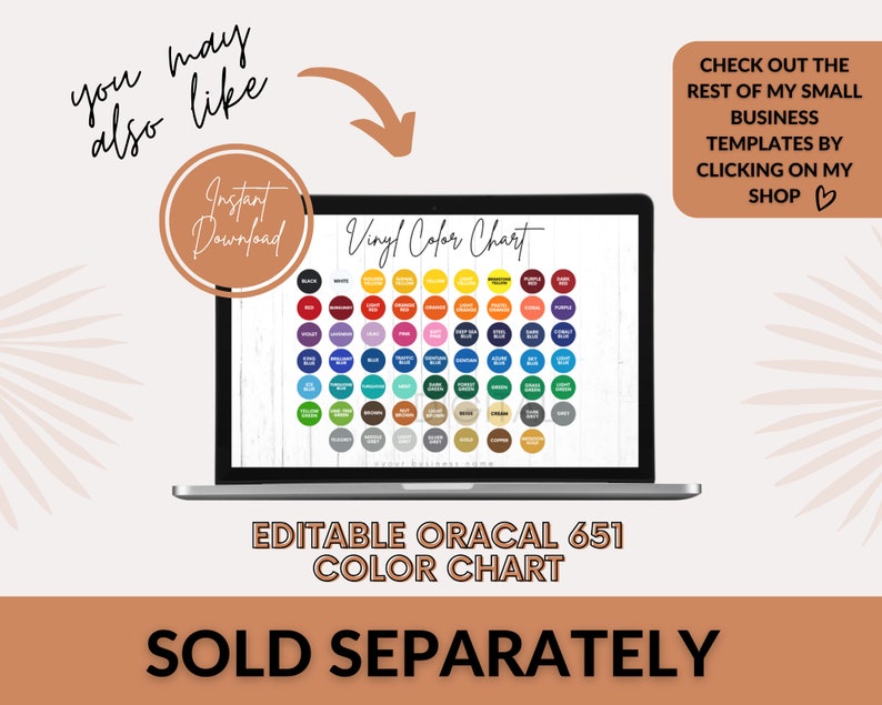 K&ouml;nnte beinhalten: Editierbare Oracal 651 Vinyl-Farbkarte, die auf einem Laptop-Bildschirm angezeigt wird. Die Karte zeigt eine Vielzahl von Farben in kleinen Kreisen. Der Text "Separat verkauft" wird unter der Karte angezeigt.