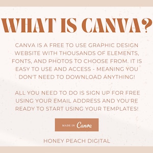 Pode incluir: Um tutorial de design gr&aacute;fico que explica o que &eacute; Canva e como us&aacute;-lo. O texto diz "What is Canva? Canva is a free to use graphic design website with thousands of elements, fonts, and photos to choose from. It is easy to use and access - meaning you don't need to download anything! All you need to do is sign up for free using your email address and you're ready to start using your templates! Made in Canva. Honey Peach Digital."