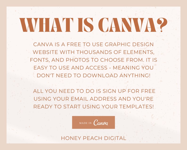 Pode incluir: Um tutorial de design gr&aacute;fico que explica o que &eacute; Canva e como us&aacute;-lo. O texto diz "What is Canva? Canva is a free to use graphic design website with thousands of elements, fonts, and photos to choose from. It is easy to use and access - meaning you don't need to download anything! All you need to do is sign up for free using your email address and you're ready to start using your templates! Made in Canva. Honey Peach Digital."