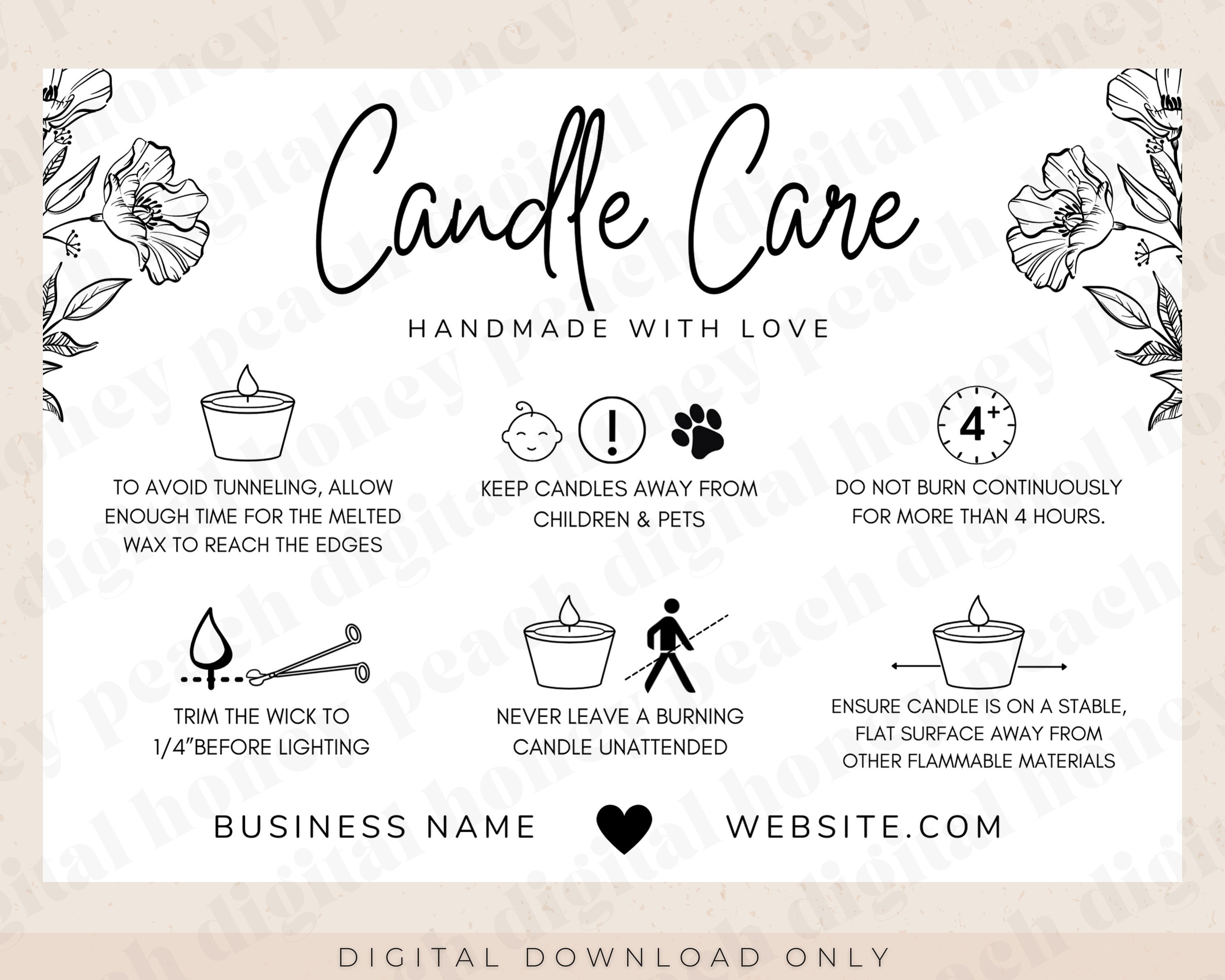 Editable Candle Care Card Template Canva Printable Candle Etsy Canada