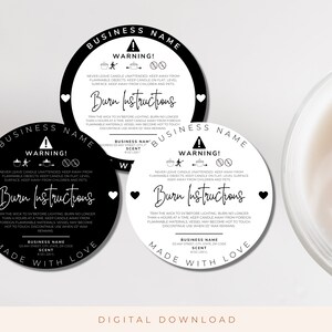Pode incluir: Dois r&oacute;tulos redondos para velas, em preto e branco, com o texto "Nome da Empresa", "Aviso!" e "Instru&ccedil;&otilde;es de Queima". Os r&oacute;tulos t&ecirc;m um design de cora&ccedil;&atilde;o e o texto "Feito com Amor".