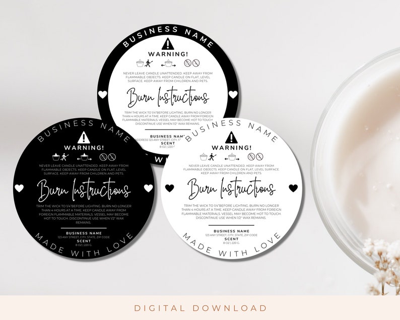 Pode incluir: Dois r&oacute;tulos redondos para velas, em preto e branco, com o texto "Nome da Empresa", "Aviso!" e "Instru&ccedil;&otilde;es de Queima". Os r&oacute;tulos t&ecirc;m um design de cora&ccedil;&atilde;o e o texto "Feito com Amor".