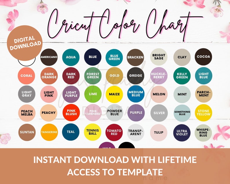 May include: A Cricut colour chart with 36 colour swatches in a grid pattern. The colours are labelled with names like "Americano", "Aqua", "Blue", "Blue Green", "Bracken", "Bright Sage", "Clay", "Cocoa", "Coral", "Dark Orange", "Dark Red", "Forest Green", "Gold", "Greige", "Huckle-Berry", "Kelly Green", "Light Blue", "Light Grey", "Light Pink", "Light Purple", "Lime", "Maize", "Medium Blue", "Melon", "Mint", "Parch-Ment", "Peach Melba", "Peachy", "Pink Blush", "Pink Lavender", "Powder Blue", "Purple", "Silver", "Something Blue", "Stone Yellow", "Suntan", "Tangerine", "Teal", "Tennis Ball", "Tomato Red", "Transp-Arent", "Tulip", "Ultra Violet", "Whispe-Ring Blue".