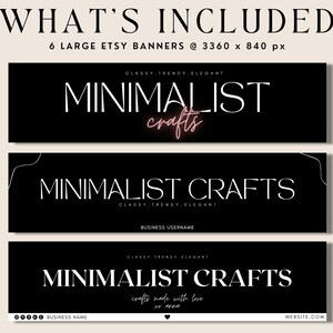 K&ouml;nnte beinhalten: Sechs schwarze Etsy-Banner-Vorlagen mit wei&szlig;em Text, der "Minimalist Crafts" lautet. Die Banner verf&uuml;gen &uuml;ber verschiedene Designelemente, darunter ein pinkfarbener Neon-Text "crafts", eine Linienzeichnung und den Text "crafts made with love".