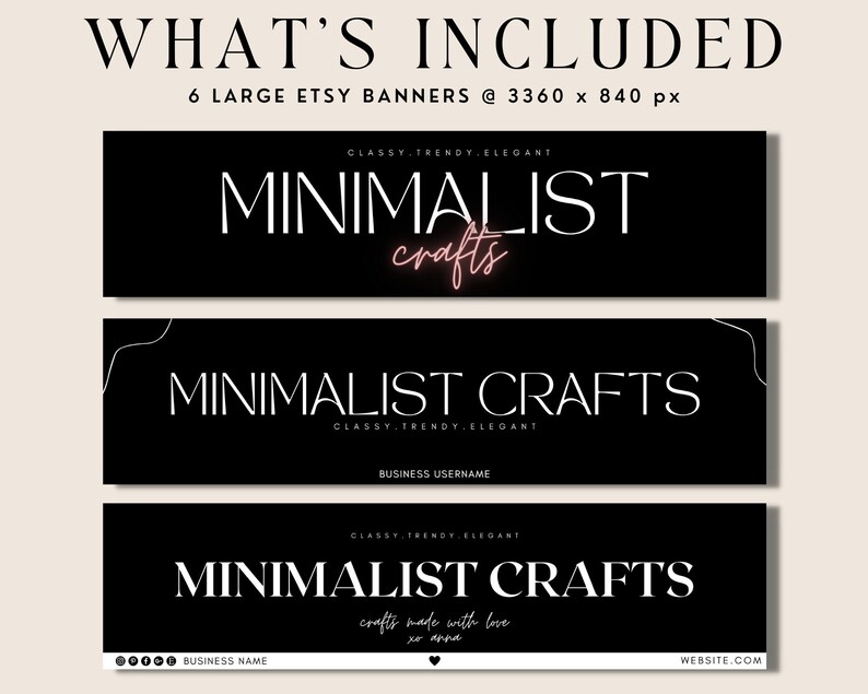 K&ouml;nnte beinhalten: Sechs schwarze Etsy-Banner-Vorlagen mit wei&szlig;em Text, der "Minimalist Crafts" lautet. Die Banner verf&uuml;gen &uuml;ber verschiedene Designelemente, darunter ein pinkfarbener Neon-Text "crafts", eine Linienzeichnung und den Text "crafts made with love".