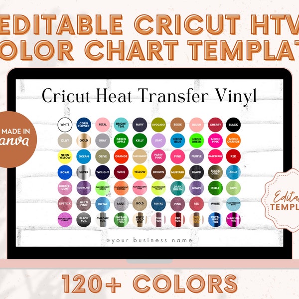 Editable Cricut HTV Color Chart Template, Vinyl Colors Mockup, Vinyl Color Chart, Cricut Color Swatches, Colour Chart, Heat Transfer Vinyl