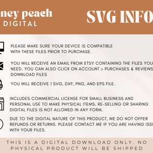 K&ouml;nnte beinhalten: Eine digitale Download-Informationsgrafik mit braunem Hintergrund und wei&szlig;em Text. Der Text lautet "honey peach DIGITAL SVG INFO". Die Grafik enth&auml;lt Symbole f&uuml;r einen Computer, einen Umschlag, eine Datei, ein Gesch&auml;ft und ein Ausrufezeichen. Der Text unter den Symbolen gibt Informationen zu den im Download enthaltenen digitalen Dateien, der Lizenz und der R&uuml;ckgabepolitik.