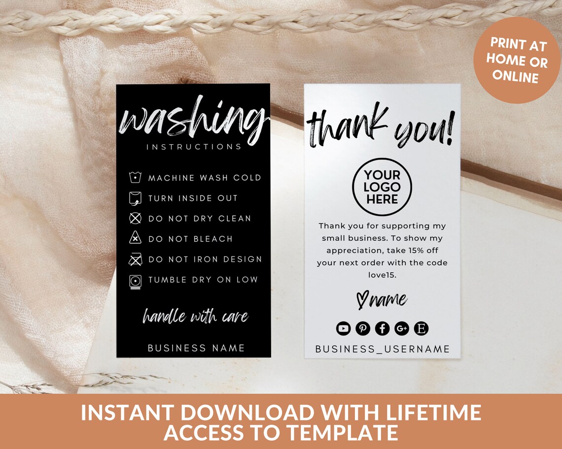 Editable Washing Instructions Card Template Printable Etsy