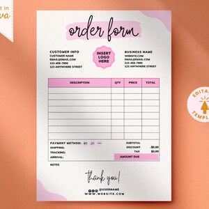 Plantilla de formulario de pedido editable, plantilla de factura imprimible, formulario de pedido personalizado, formulario para pequeñas empresas, formulario de pedido artesanal, plantilla de recibo