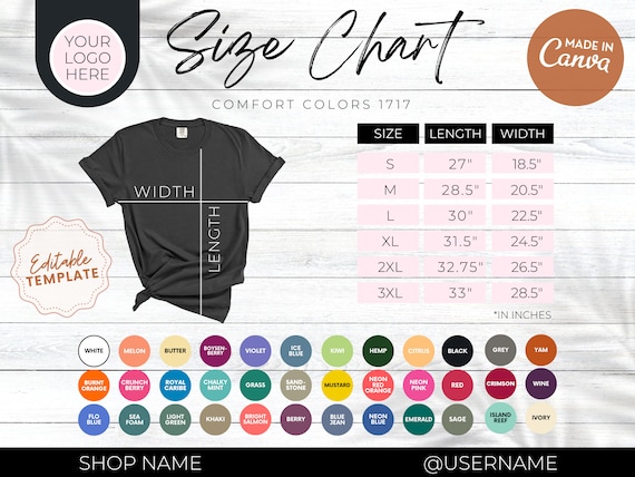 Editable Comfort Colors 1717 Size Chart Bundle, Comfort Colors Color Chart, T shirt size chart and color chart, Women Size Chart, 73 Colors